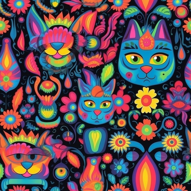 A colorful pattern of cats and flowers on a black background generative ai