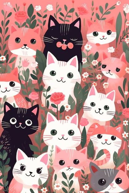 A colorful pattern of cats with flowers and the words " cat " on the bottom.