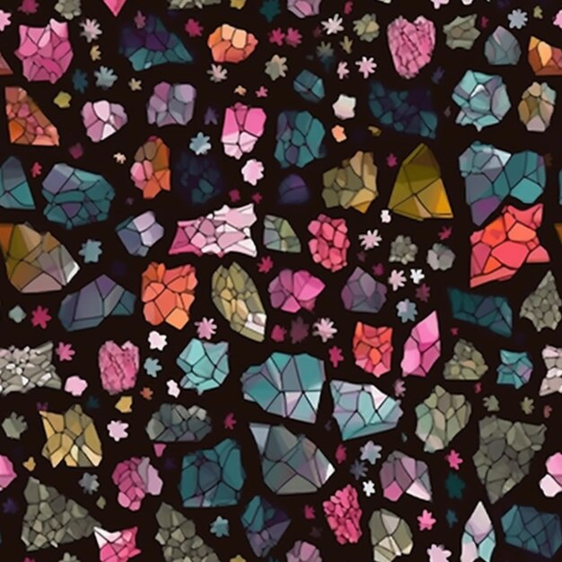 A colorful pattern of crystals with pink and blue crystals on a black background.