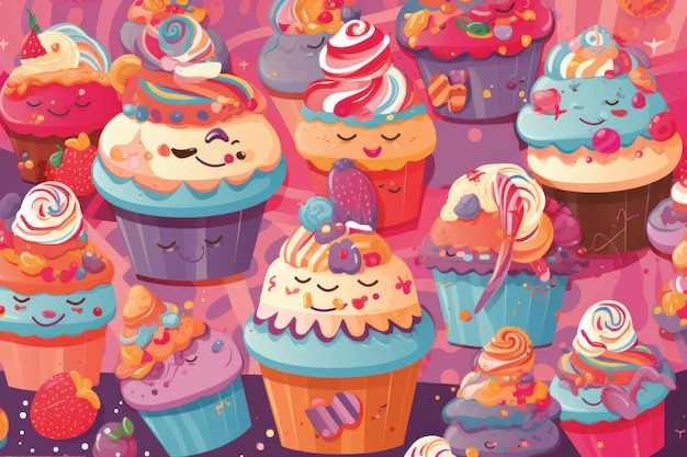 A colorful pattern of cupcakes with a face and a smile on the face.