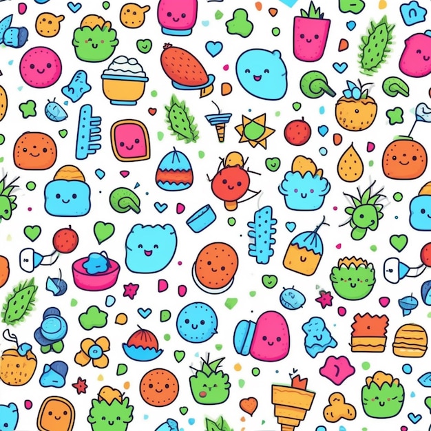 A colorful pattern of cute kawais and sushi generative ai