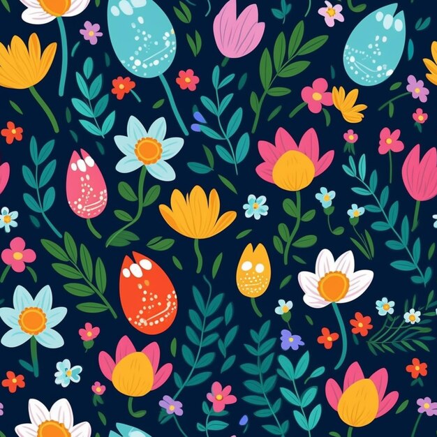 A colorful pattern of easter eggs and flowers.