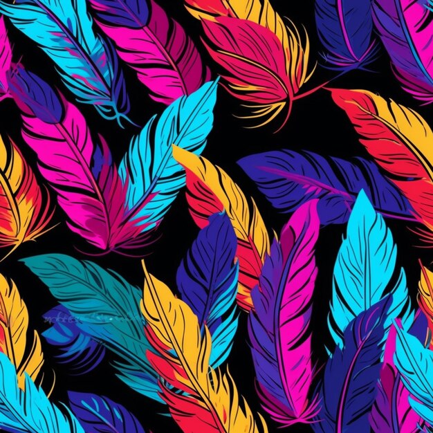 A colorful pattern of feathers on a black background generative ai