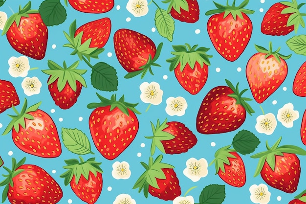 Photo colorful pattern featuring ripe strawberries and small flowers