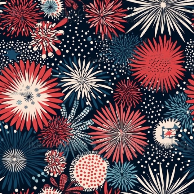 A colorful pattern of fireworks in red and blue.