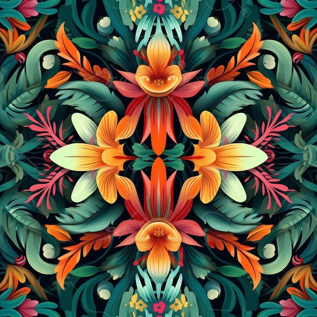 a colorful pattern of flowers and leaves.