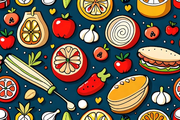 A colorful pattern of food that is on a blue background.