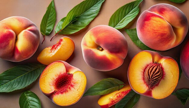 Colorful pattern of fresh ripe whole and sliced peaches