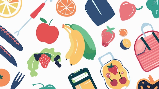 a colorful pattern of fruits and vegetables with a knife and a knife
