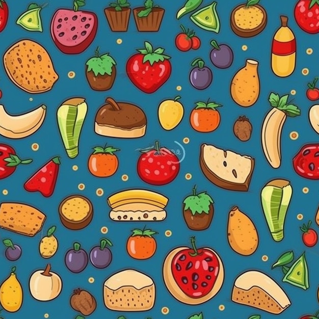 A colorful pattern of fruits and vegetables.