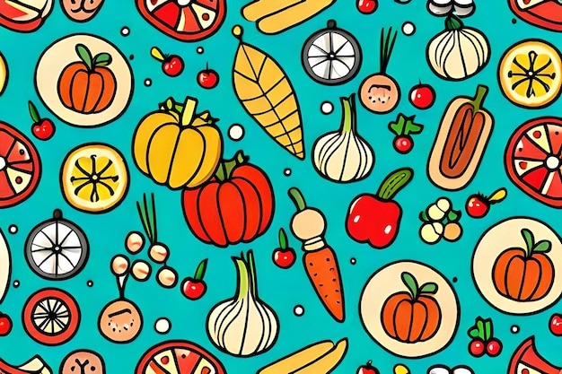 A colorful pattern of fruits and vegetables.