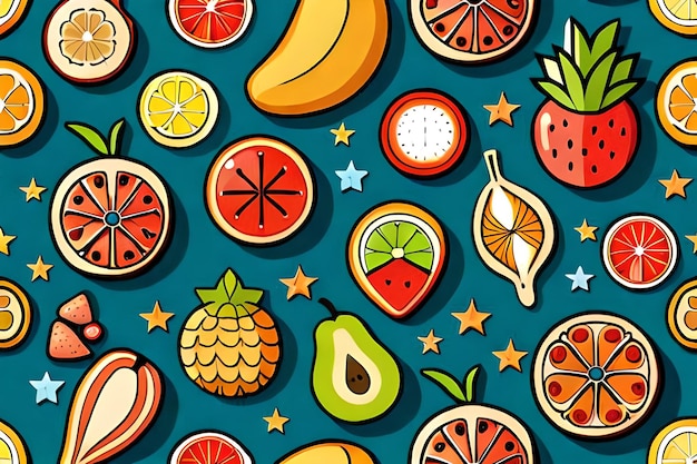 A colorful pattern of fruits and vegetables.