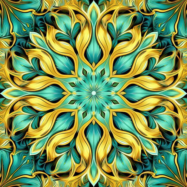 a colorful pattern of a gold flower and leaves