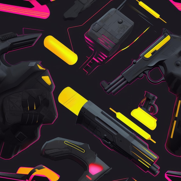 A colorful pattern of guns with neon yellow and pink on the bottom.