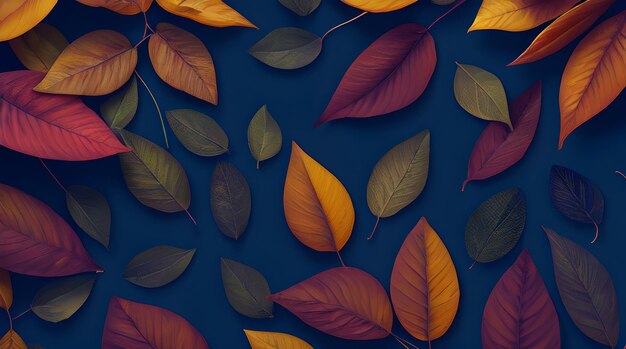 A colorful pattern of leaves on a dark blue background