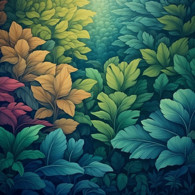 A colorful pattern of leaves with a light shining on it.