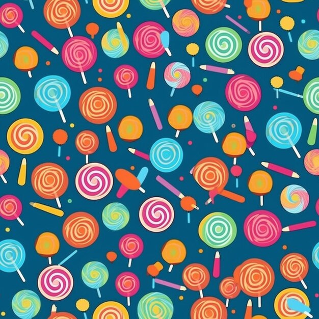 Photo a colorful pattern of lollipops and candy on a blue background generative ai