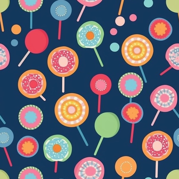 A colorful pattern of lollipops and dots on a dark blue background generative ai
