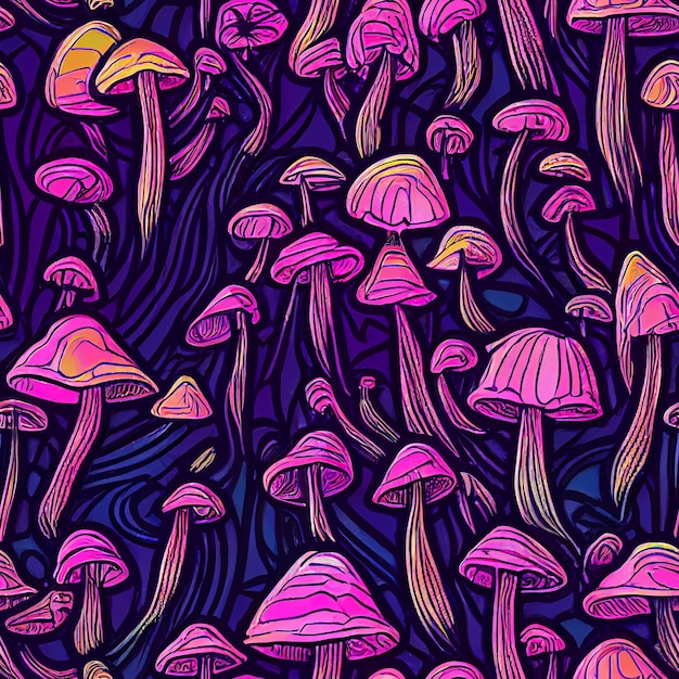 A colorful pattern of mushrooms with pink and yellow colors.