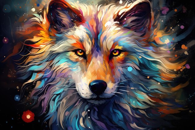 Colorful pattern painted with brushes abstract animal illustration wolf