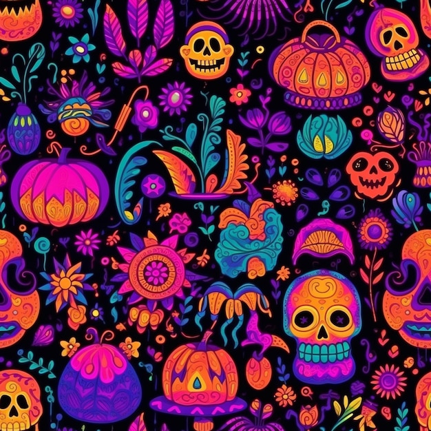 A colorful pattern of skulls and flowers on a black background generative ai