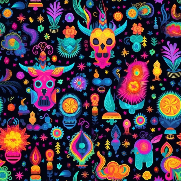 A colorful pattern of skulls and flowers on a black background generative ai