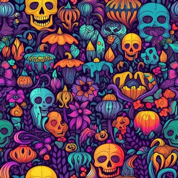 A colorful pattern of skulls and flowers on a dark background generative ai
