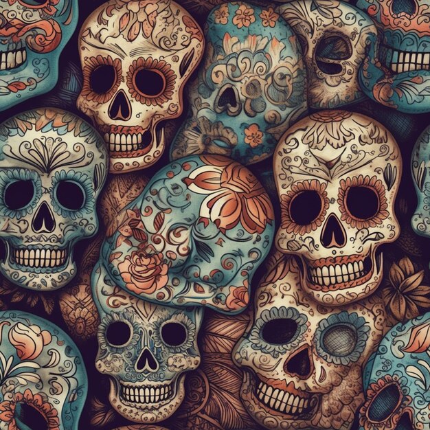 A colorful pattern of skulls with a floral design on the front.