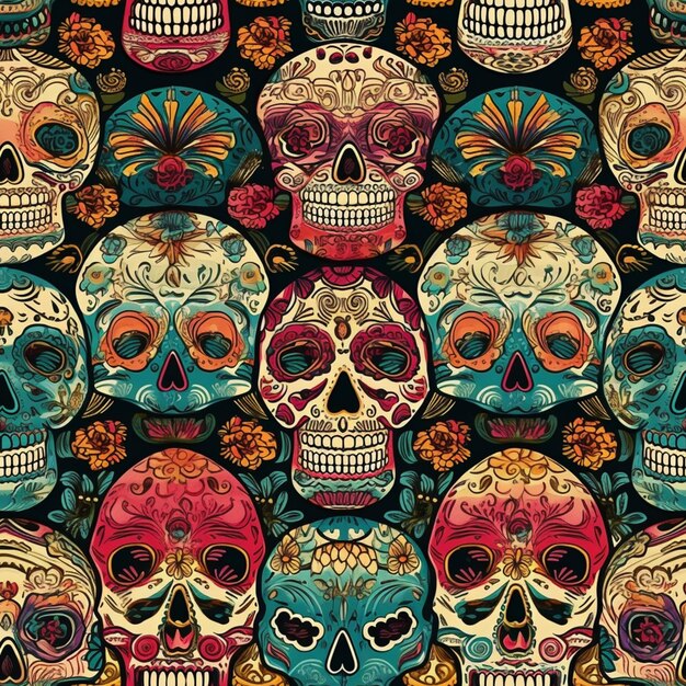 A colorful pattern of skulls with flowers.