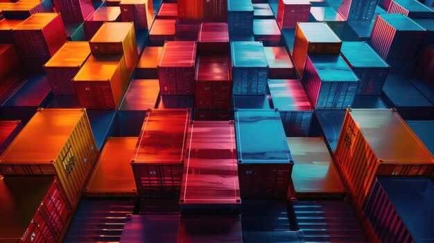 Colorful pattern of stacked shipping containers in an industrial freight terminal