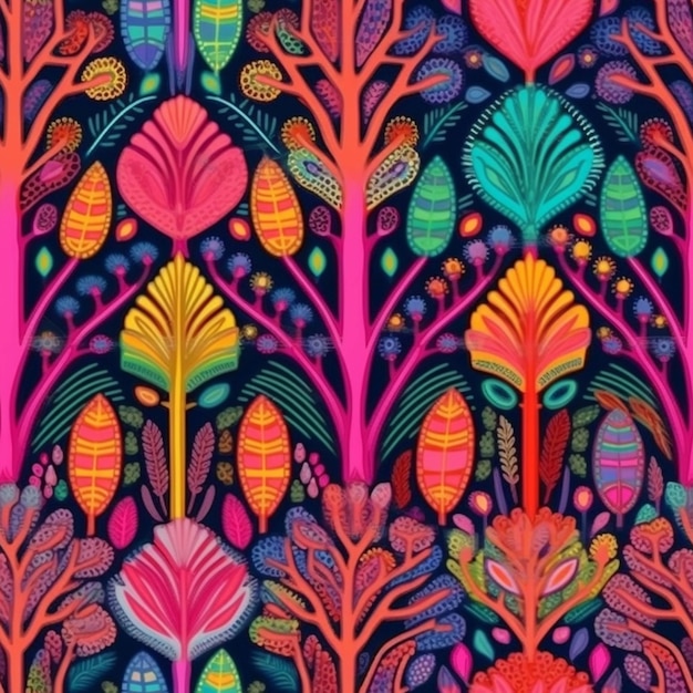 A colorful pattern of trees and flowers on a black background generative ai