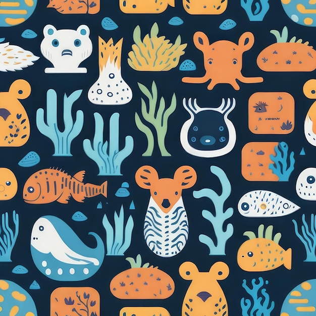 A colorful pattern with animals and plants.