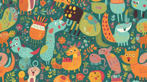 A colorful pattern with animals and plants.