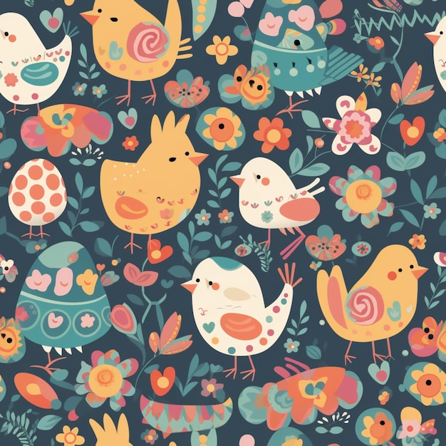 A colorful pattern with birds and flowers.