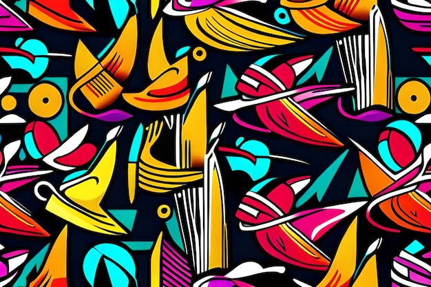 A colorful pattern with a boat and a fish on it.