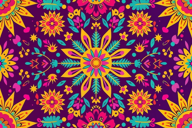 a colorful pattern with bright flowers and a round ornament