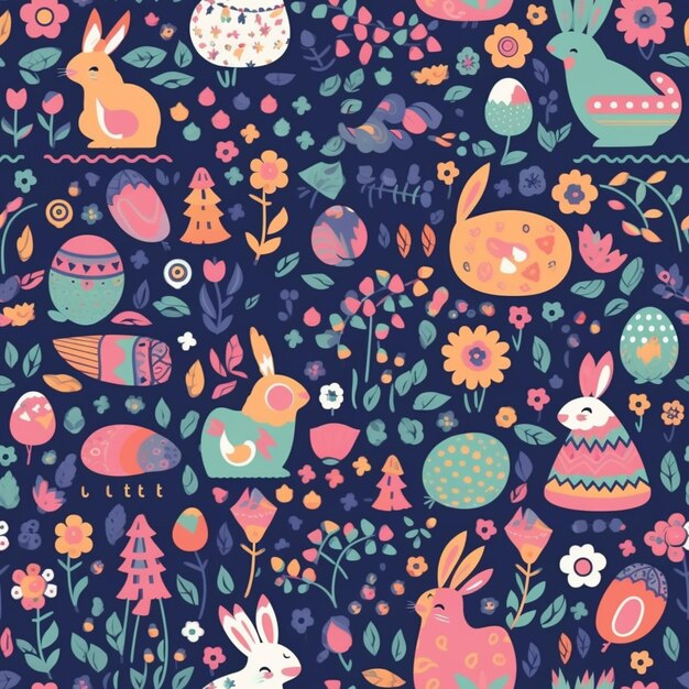 A colorful pattern with bunnies and eggs.