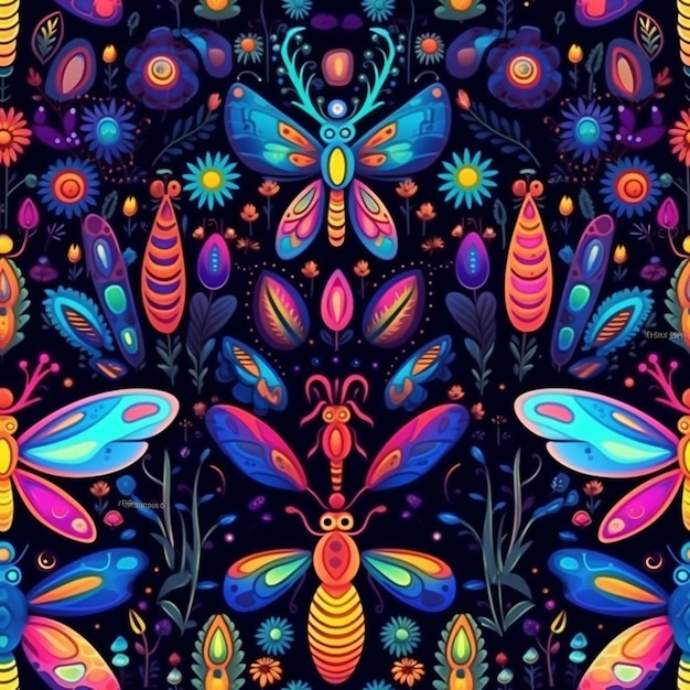 A colorful pattern with butterflies and flowers on a black background generative ai