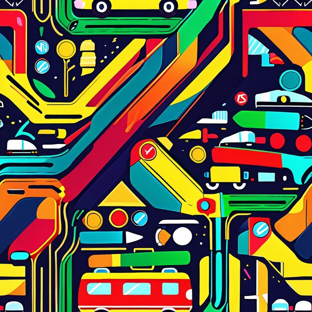 a colorful pattern with cars and other things