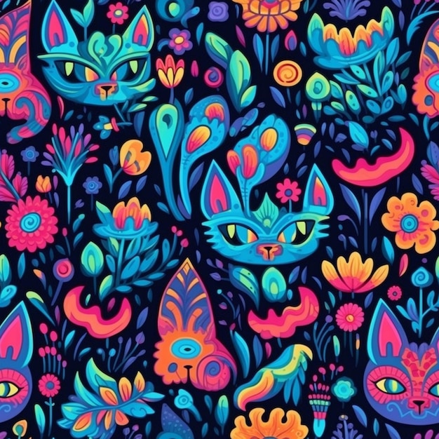 Красочный узор с кошками и цветами на черном фоне, генеративный искусственный интеллект