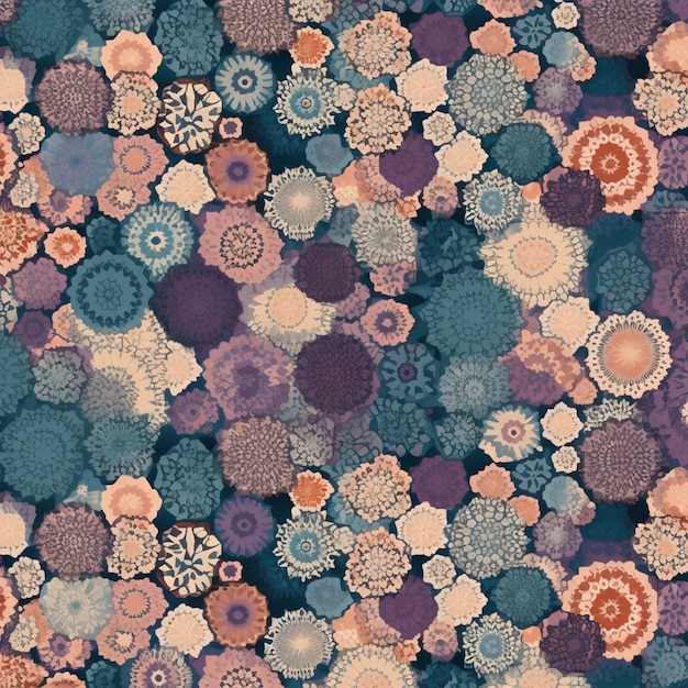 A colorful pattern with circles and flowers on a blue background.