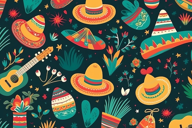 A colorful pattern with different mexican hats and sombrero.