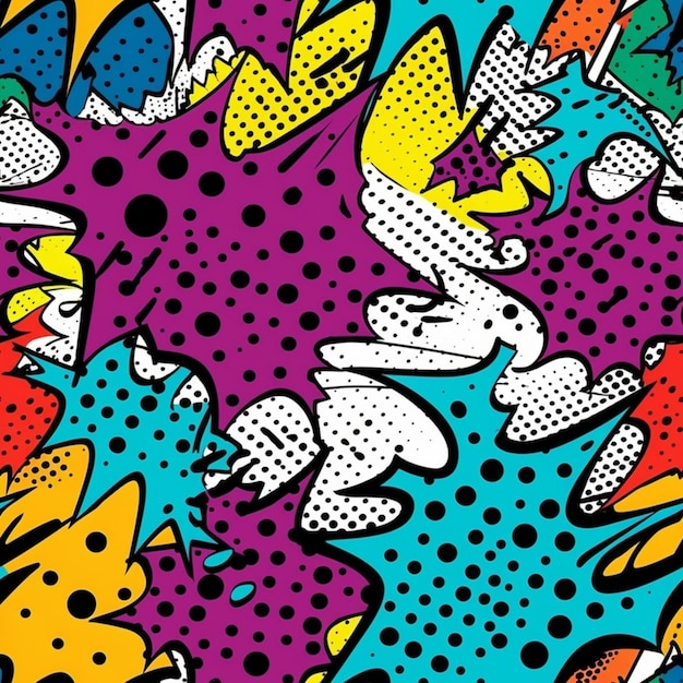 A colorful pattern with a dog and leaves