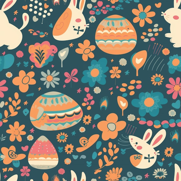 A colorful pattern with easter eggs and flowers.