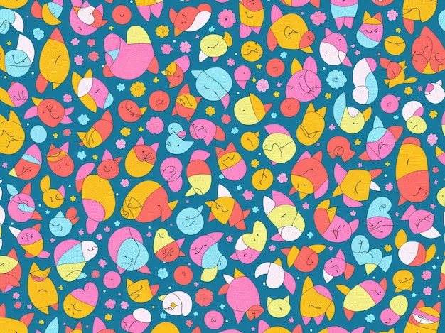 Colorful pattern with faces and hearts on a blue background.