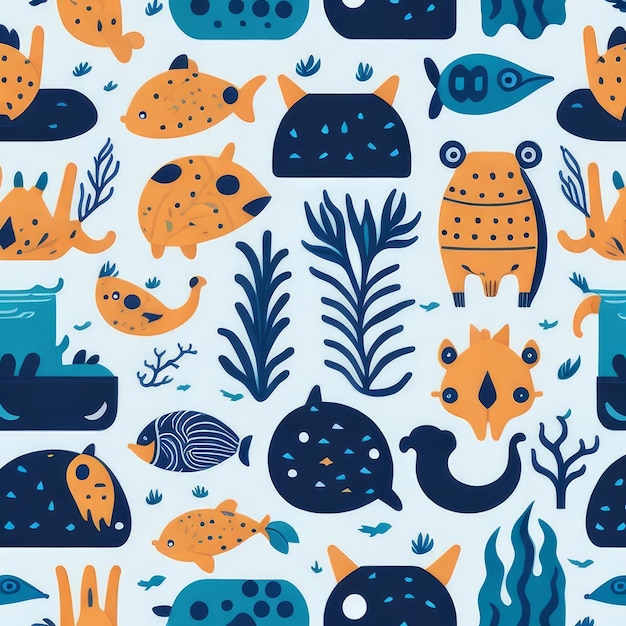 A colorful pattern with a fish and a fish.