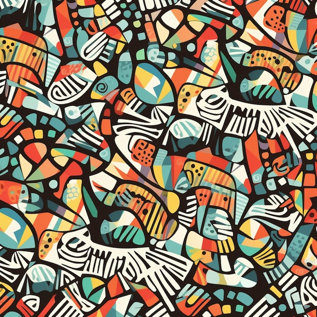 A colorful pattern with fish and the word fish.