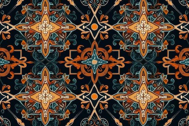 A colorful pattern with a floral design on a dark background