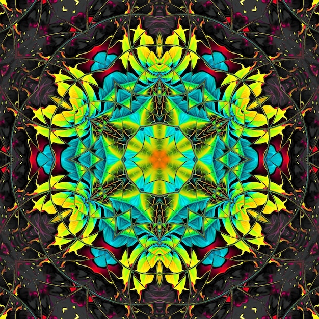 A colorful pattern with a flower design in the middle.