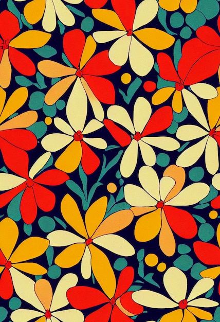 A colorful pattern with flowers on a dark background.